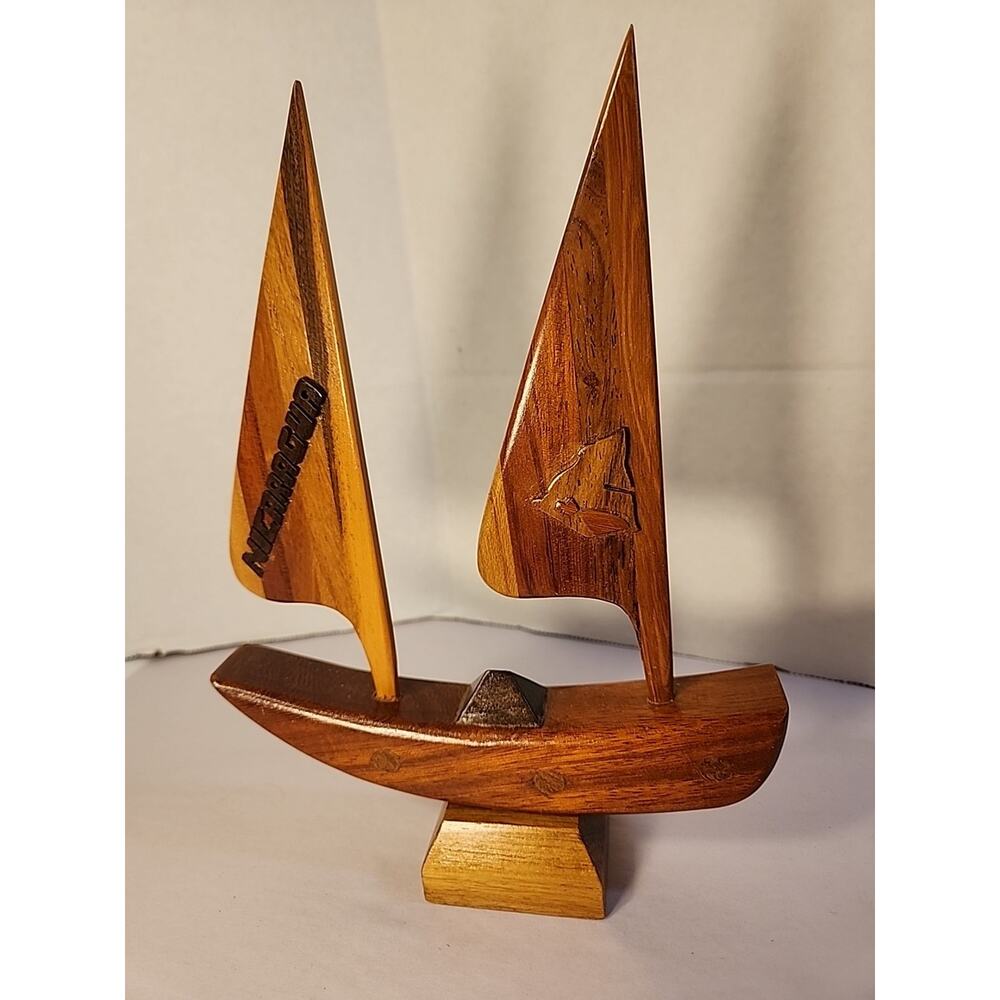 Hand Carved Wood Sailboat On Pedestal Nicaragua Souvenir 8.5x6.5”
